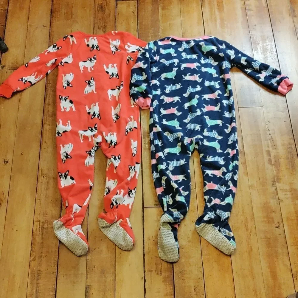 Carters fleece pajamas 3T footie pajamas Orange Blue Dogs Warm Bundle